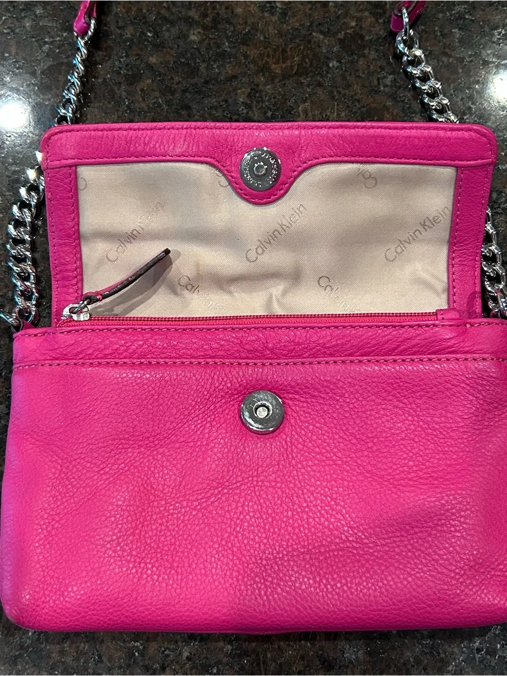 Calvin Klein Hot Pink Leather Crossbody with Silver Chain